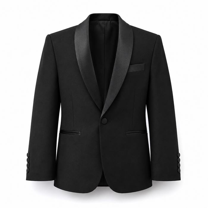 A black men's tuxedo jacket with satin peak lapels, a single-button front closure, and buttoned cuffs, shown on a plain white background.
