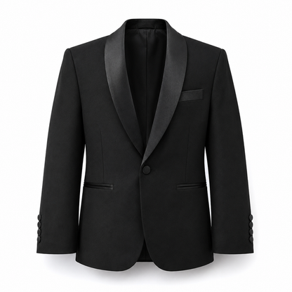 A black men's tuxedo jacket with satin peak lapels, a single-button front closure, and buttoned cuffs, shown on a plain white background.