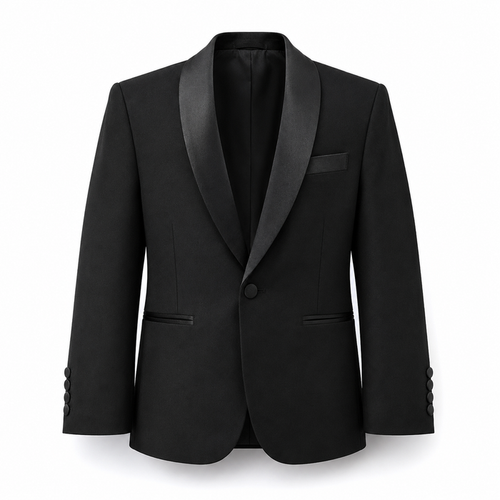 A black men's tuxedo jacket with satin peak lapels, a single-button front closure, and buttoned cuffs, shown on a plain white background.