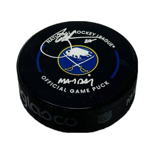 Brad May Signed Buffalo Sabres Official Game Model Puck with "May Day" Signed Hockey Puck TSE Buffalo