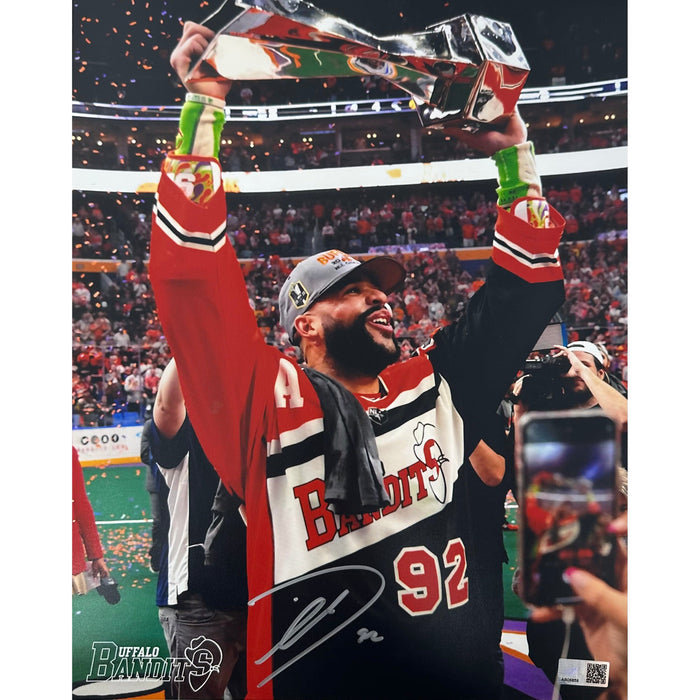 Dhane Smith Signed Holding NLL Trophy Photo Signed Lacrosse Photo TSE Buffalo 11X14