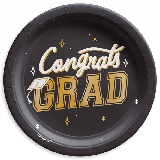 "Congrats Grad" 7-Inch Round Metallic Paper Plates - Black/Gold, 8-Pack
