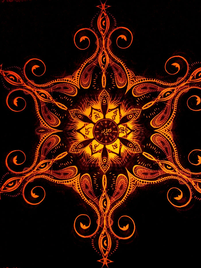 Fluro Neon Lycra Tapestry of "Vajra Guru Mandala" - UV Active - Orange