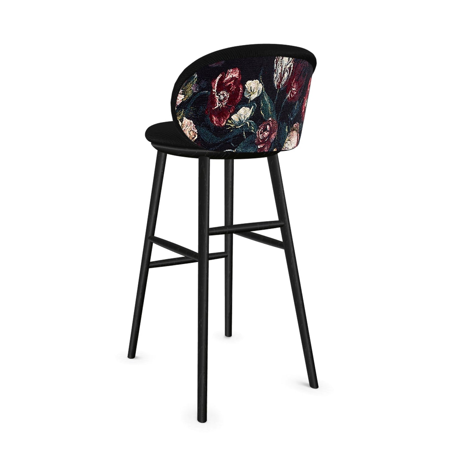 freifrau | ona barstool 82cm | wooden frame oak black | front - riga m1 noir 18 | back - gobelin eden
