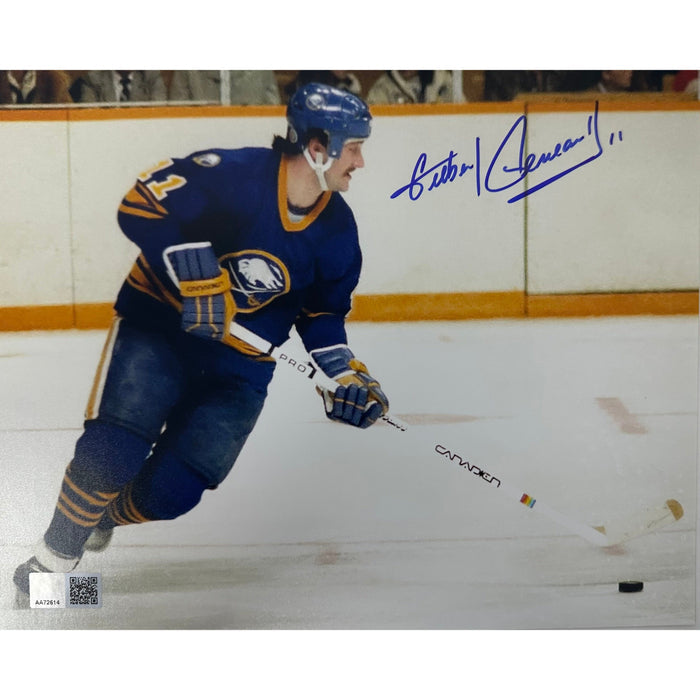 Gilbert Perreault Signed Skating in Blue with Puck Close-Up 8x10 Photo Signed Hockey Photo TSE Buffalo