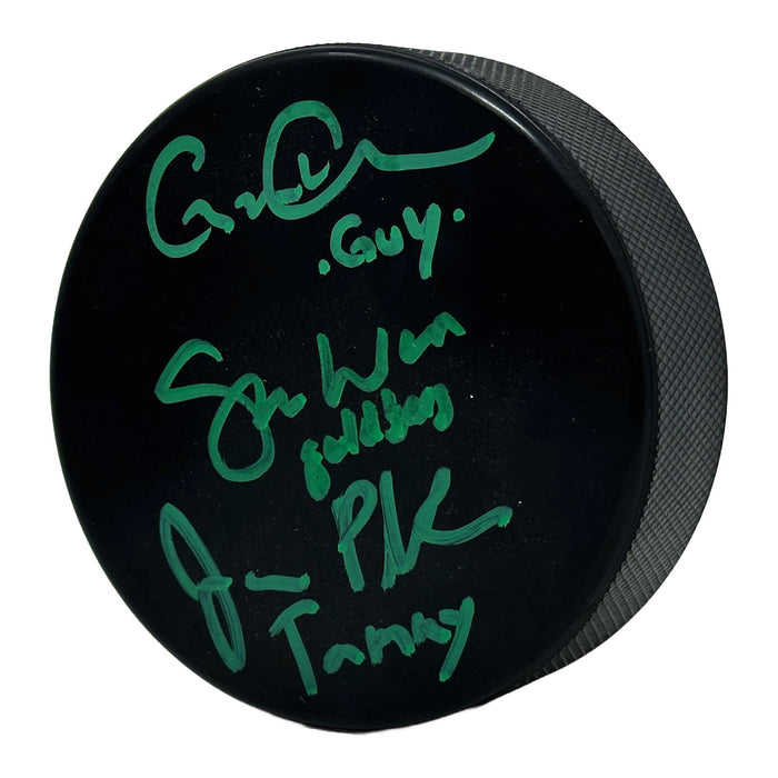 Mighty Ducks Triple Signed Guy, Goldberg, Tammy Autograph Puck Signed Photos TSE Framed