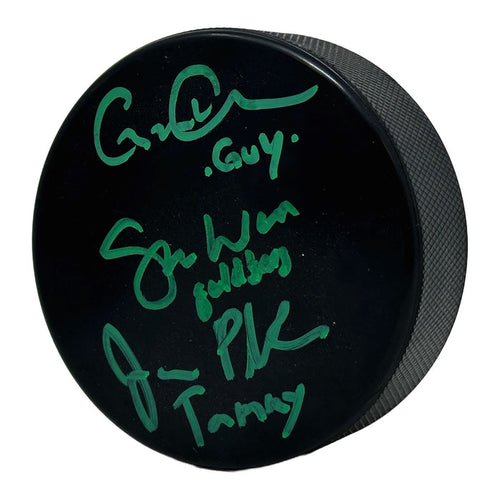 Mighty Ducks Triple Signed Guy, Goldberg, Tammy Autograph Puck Signed Photos TSE Framed