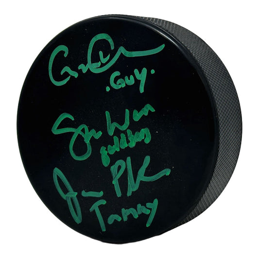 Mighty Ducks Triple Signed Guy, Goldberg, Tammy Autograph Puck Signed Photos TSE Framed