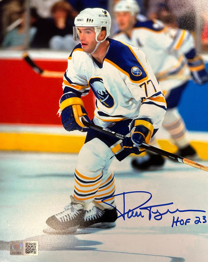 Pierre Turgeon Signed Side View in White Photo with HOF 23 Signed Hockey Photo TSE Buffalo