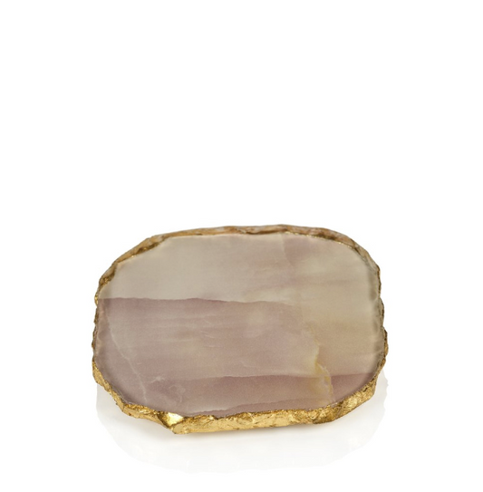 Pink Agate Marble Glass Coaster with Gold Rim Set of 2