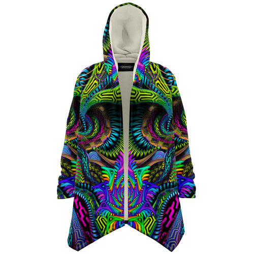 Primordial Micro Fleece Cloak, Hooded Wearable Art, Psychedelic Festival Layer — front — hood raised