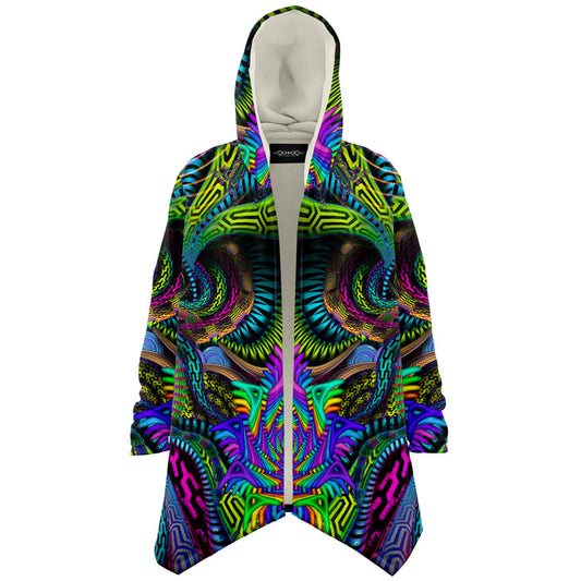 Primordial Micro Fleece Cloak, Hooded Wearable Art, Psychedelic Festival Layer — front — hood raised