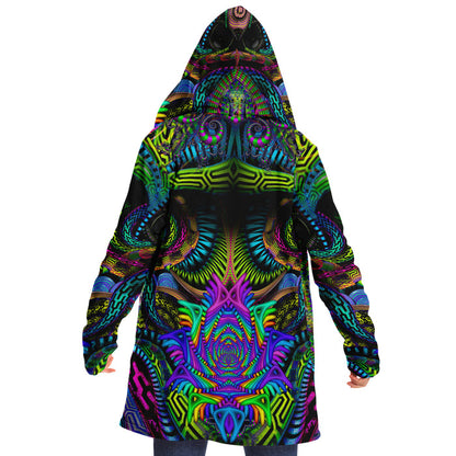 Primordial Micro Fleece Cloak, Hooded Wearable Art, Psychedelic Festival Layer — wearer-left three-quarter — hood lowered