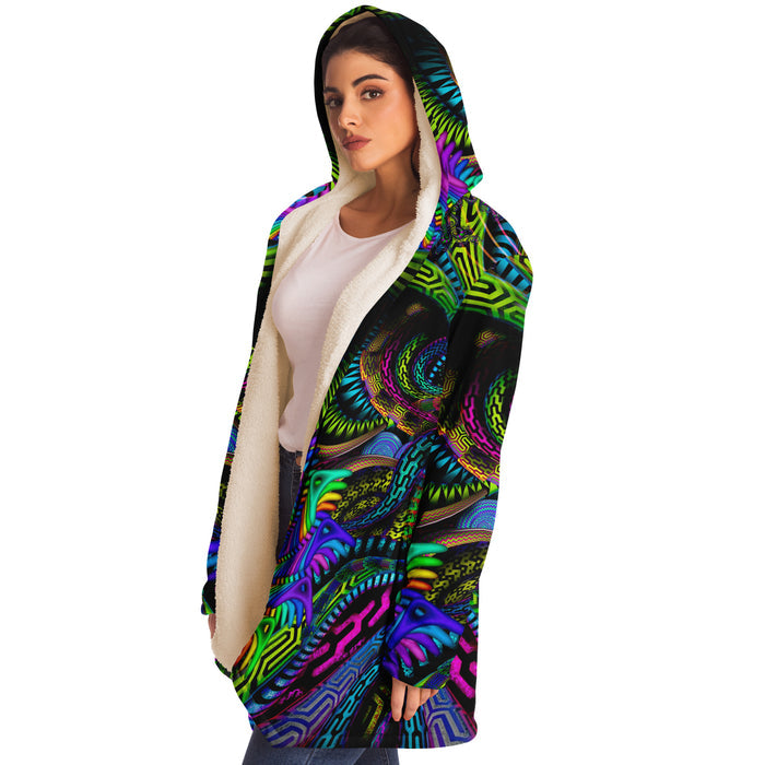 Primordial Micro Fleece Cloak, Hooded Wearable Art, Psychedelic Festival Layer — close-up — printed micro-mink outer and pocket