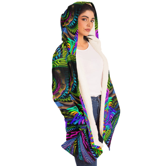 Primordial Micro Fleece Cloak, Hooded Wearable Art, Psychedelic Festival Layer — inside — microfiber fleece lining