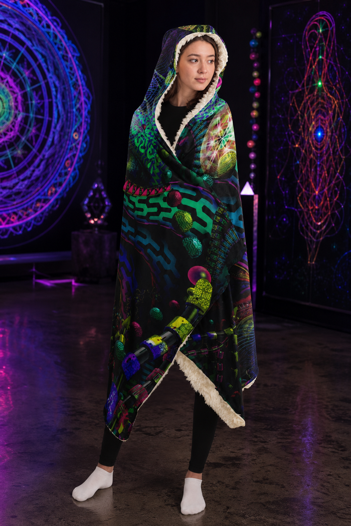 primordial playroom hooded blanket — approved gallery view 04 (04-wearer-left-3q)