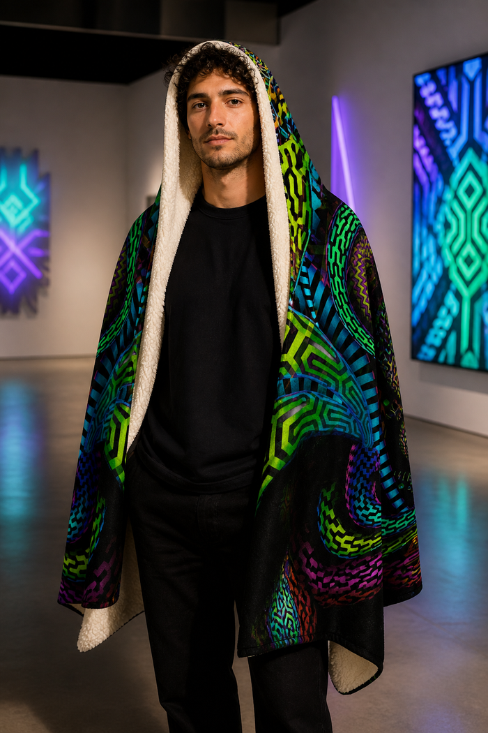 Primordial Presence Cosmic Hooded Blanket — approved lifestyle view 02 — 02-front-wrap-proof