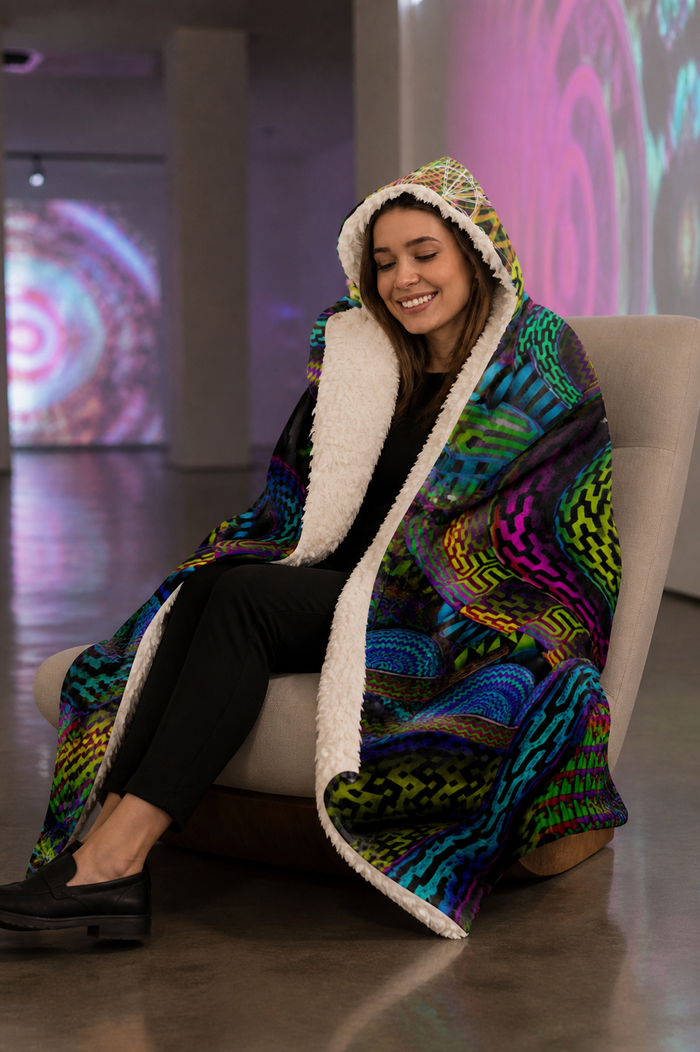 Primordial Presence Cosmic Hooded Blanket — approved lifestyle view 04 — 04-seated-front-wrap