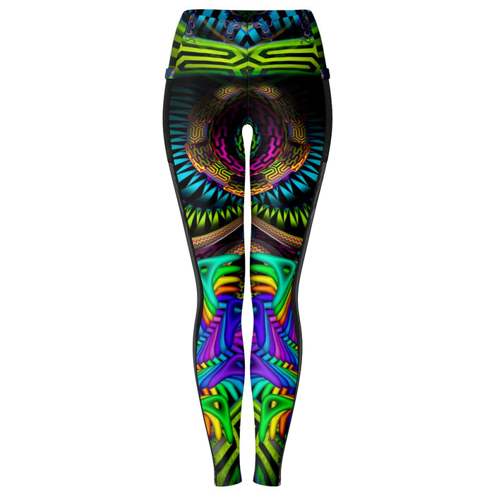 Primordial Presence Mesh Pocket Leggings, High Waist Psychedelic Yoga Tights, 4-Way Stretch Workout Wear, Phone Pocket Festival Activewear