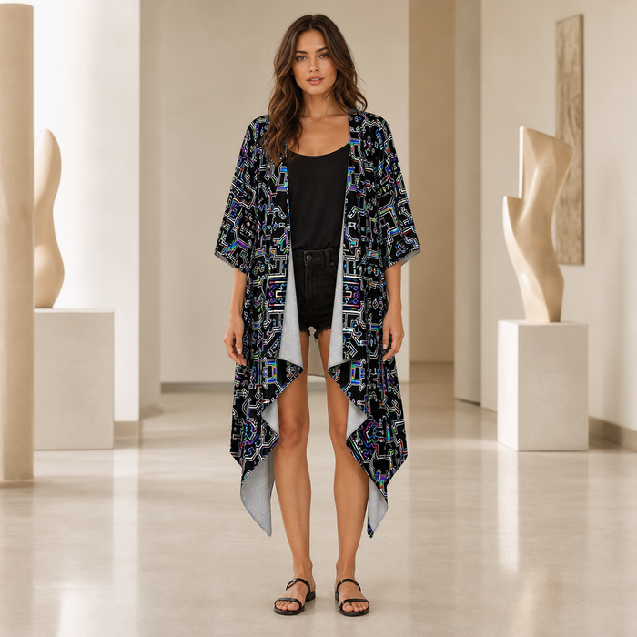 Prismatic Overlay Draped Kimono lifestyle front view