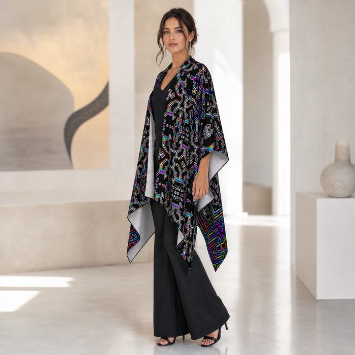 Prismatic Overlay Draped Kimono lifestyle three-quarter front view
