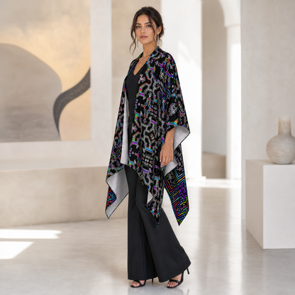 Prismatic Overlay Draped Kimono lifestyle three-quarter front view