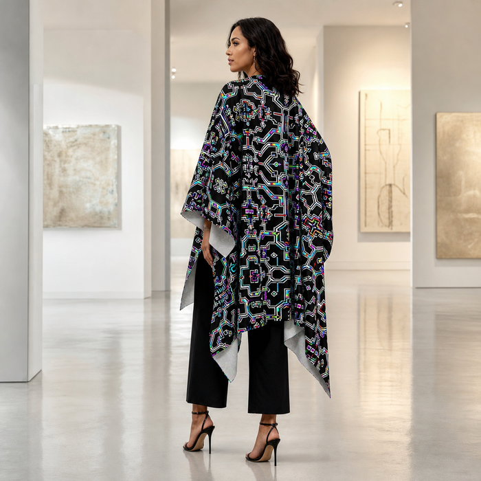 Prismatic Overlay Draped Kimono lifestyle three-quarter back view