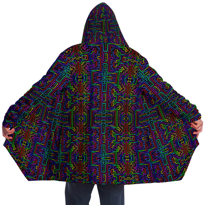 Prismatic Overlay Micro Fleece Cloak, Hooded Wearable Art, Psychedelic Festival Layer — front — hood raised