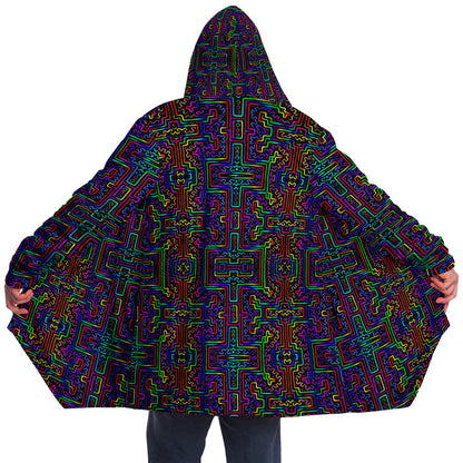 Prismatic Overlay Micro Fleece Cloak, Hooded Wearable Art, Psychedelic Festival Layer — front — hood raised