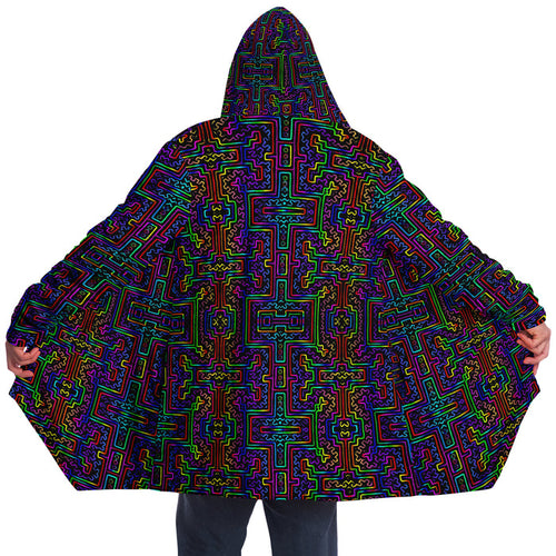 Prismatic Overlay Micro Fleece Cloak, Hooded Wearable Art, Psychedelic Festival Layer — front — hood raised