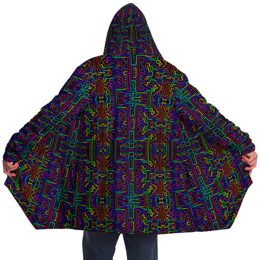 Prismatic Overlay Micro Fleece Cloak, Hooded Wearable Art, Psychedelic Festival Layer — front — hood raised