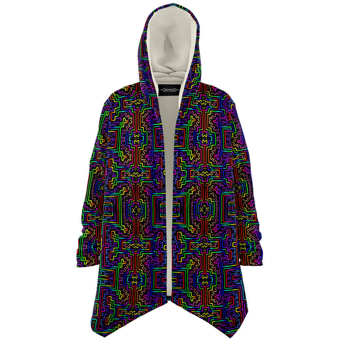 Prismatic Overlay Micro Fleece Cloak, Hooded Wearable Art, Psychedelic Festival Layer — back — hood raised