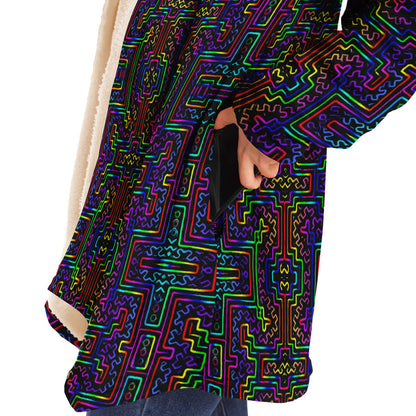 Prismatic Overlay Micro Fleece Cloak, Hooded Wearable Art, Psychedelic Festival Layer — front — hood lowered