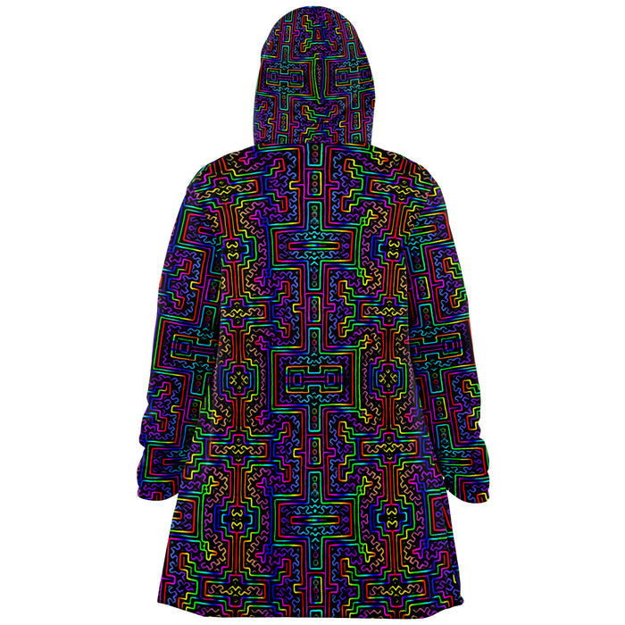 Prismatic Overlay Micro Fleece Cloak, Hooded Wearable Art, Psychedelic Festival Layer — wearer-right three-quarter — hood lowered