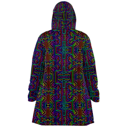 Prismatic Overlay Micro Fleece Cloak, Hooded Wearable Art, Psychedelic Festival Layer — wearer-right three-quarter — hood lowered