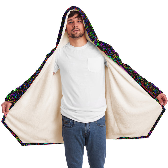 Prismatic Overlay Micro Fleece Cloak, Hooded Wearable Art, Psychedelic Festival Layer — wearer-left three-quarter — hood lowered