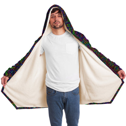 Prismatic Overlay Micro Fleece Cloak, Hooded Wearable Art, Psychedelic Festival Layer — wearer-left three-quarter — hood lowered