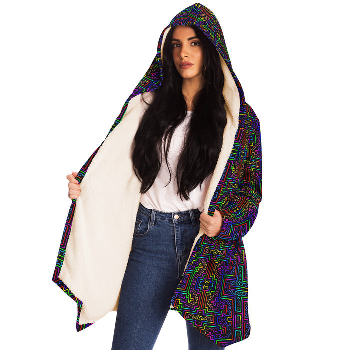 Prismatic Overlay Micro Fleece Cloak, Hooded Wearable Art, Psychedelic Festival Layer — close-up — printed micro-mink outer and pocket