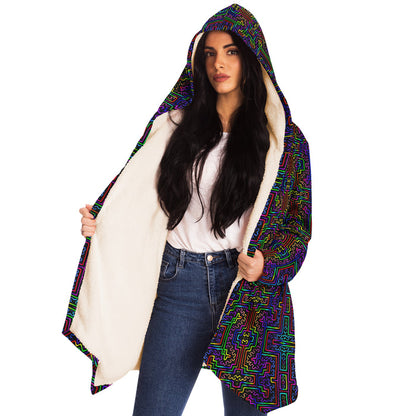 Prismatic Overlay Micro Fleece Cloak, Hooded Wearable Art, Psychedelic Festival Layer — close-up — printed micro-mink outer and pocket
