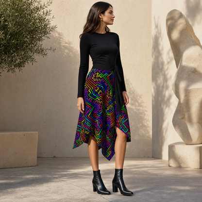 Prismatic Overlay Wrap Skirt — wearer-left three-quarter lifestyle view