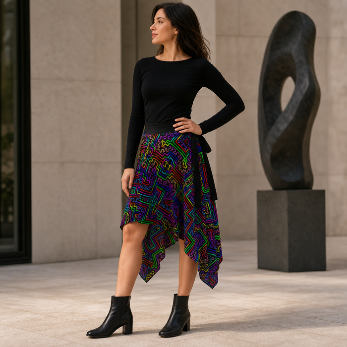 Prismatic Overlay Wrap Skirt — wearer-right three-quarter lifestyle view