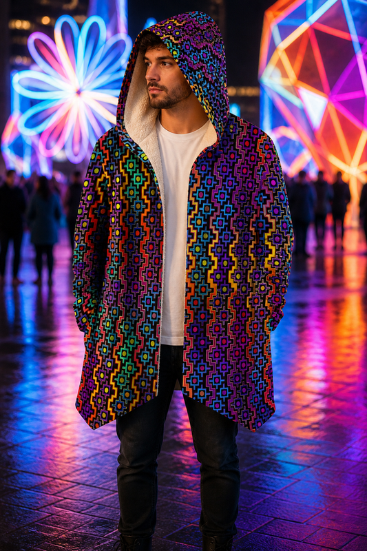Rainbow Healing Micro Fleece Cloak, Psychedelic Hooded Festival Cloak, Rainbow Visionary Rave Wear, Cozy Wearable Art - lifestyle angle 1: hero front festival