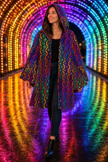 Rainbow Healing Micro Fleece Cloak, Psychedelic Hooded Festival Cloak, Rainbow Visionary Rave Wear, Cozy Wearable Art - lifestyle angle 2: front three quarter walking