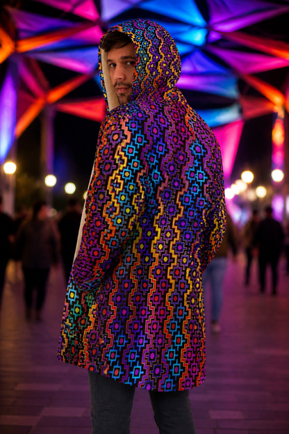 Rainbow Healing Micro Fleece Cloak, Psychedelic Hooded Festival Cloak, Rainbow Visionary Rave Wear, Cozy Wearable Art - lifestyle angle 3: rear three quarter