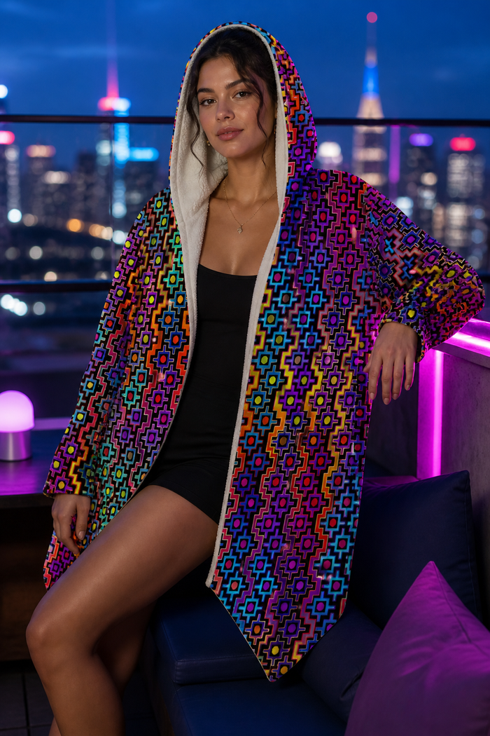Rainbow Healing Micro Fleece Cloak, Psychedelic Hooded Festival Cloak, Rainbow Visionary Rave Wear, Cozy Wearable Art - lifestyle angle 4: seated rooftop