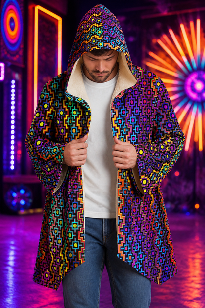 Rainbow Healing Micro Fleece Cloak, Psychedelic Hooded Festival Cloak, Rainbow Visionary Rave Wear, Cozy Wearable Art - lifestyle angle 5: torso detail