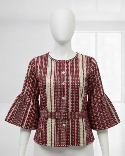 Retro Belted Ruffle Blouse