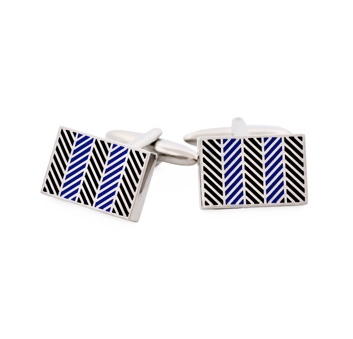 Rhodium Blue Herringbone Cufflinks
