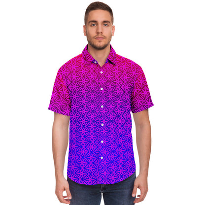 Sacral Bloom Button Down Shirt, Purple Sacred Geometry Floral Top, Psychedelic Short Sleeve Shirt, Festival Streetwear, Artistic Gift