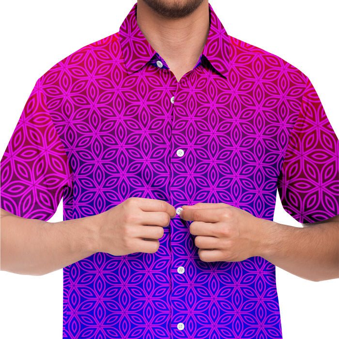 Sacral Bloom Button Down Shirt, Purple Sacred Geometry Floral Top, Psychedelic Short Sleeve Shirt, Festival Streetwear, Artistic Gift